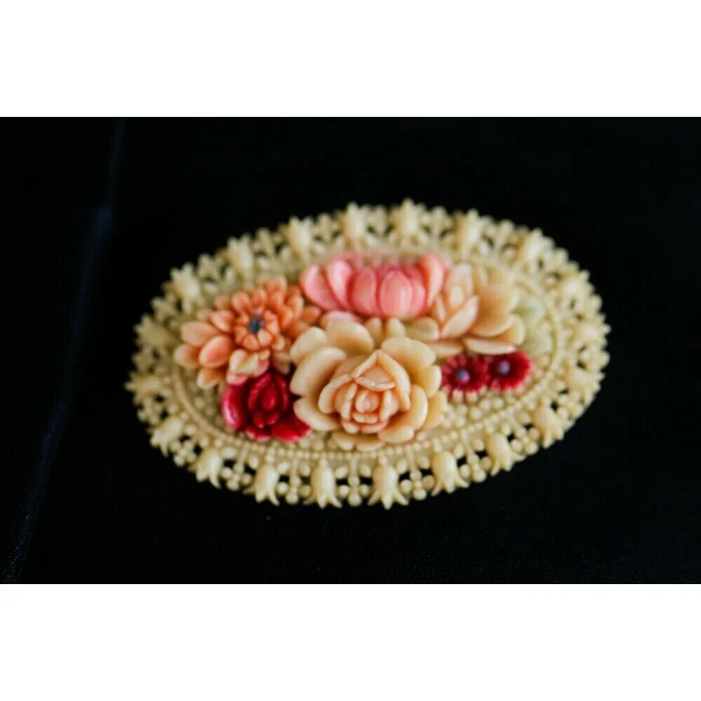Vintage Carved Celluloid Plastic Floral Colourful Edwardian Style Oval Brooch...